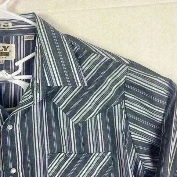 Ely Cattleman Pearl Snap Western Shirt Men XLT Tall Man Striped Blue Rodeo - Picture 4 of 9